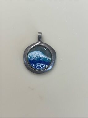 Ocean Wave Round Pendant on old Greek coin- Blue and White